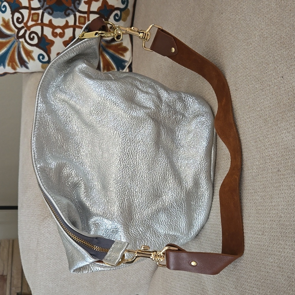 Ginger & Brown Leather Metalic Silver Shoulder Bag
